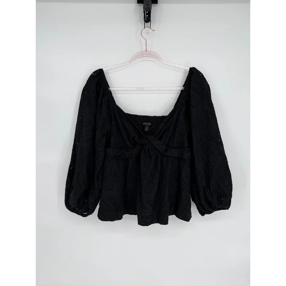 Banana Republic Black Eyelet Smocked Peasant Blouse Square Neck‎ Top Sz L